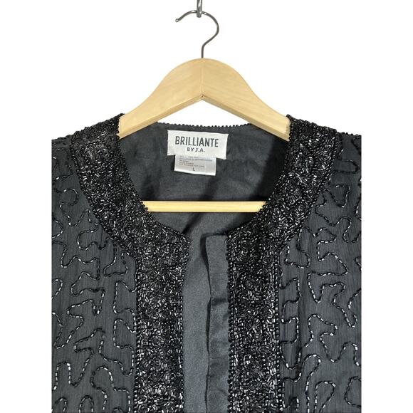 Silk Beaded Evening Jacket Women's Large Black Jet Beads Formal Cocktail Luxury - Picture 2 of 10